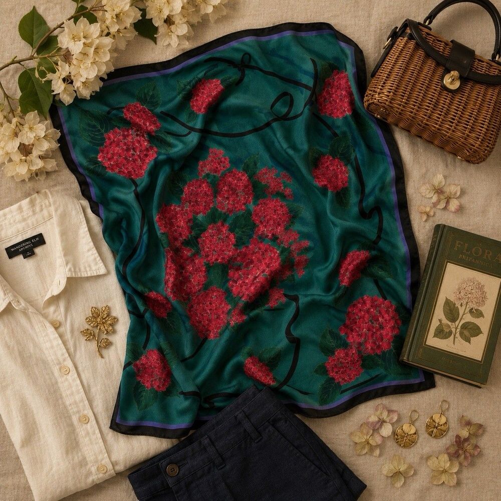 Vintage Thai Silk Hydrangea Floral Square Scarf 33x34